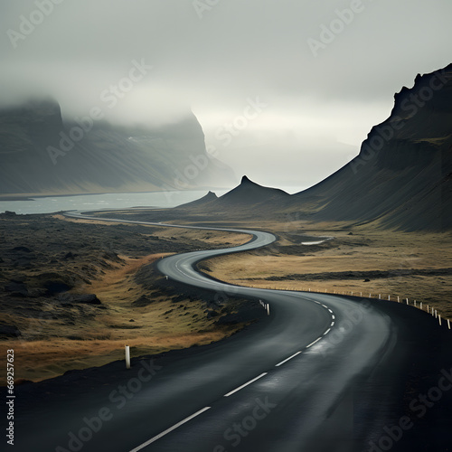 Open and windy road, iceland, landscape, dark gray and dark bronze, irregular structures, colorful curves, coastal scenery, misty atmosphere, travel
