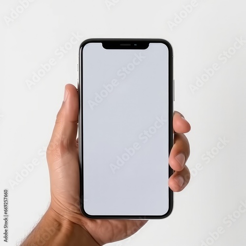 Close up hand holding holding black mobile phone with blank white screen on white background, for marketing or advertisement and design concept
