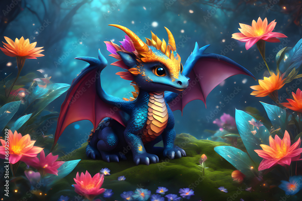 Illustration bébé dragon dans un monde magique. Illustration bébé dragon dans un monde magique.