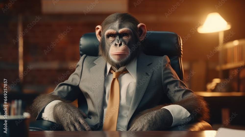 An illustration of a monkey in a business suit sits in a leather armchair, dim light creating a contrast between indulgence and melancholy. An illustration of a monkey in a business suit sits in a leather armchair, dim light creating a contrast between indulgence and melancholy.