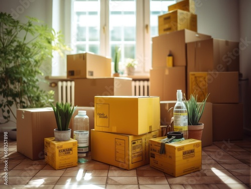 Cardboard boxes in empty room, movement concept. No people © Boris