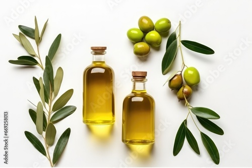 Glass bottles of virgin olive oil and green olives