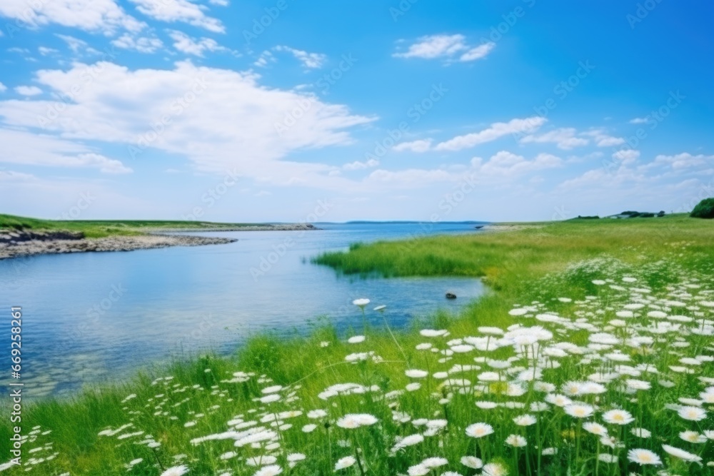 Green grass field, clean river and blue sky with clouds. AI Generated