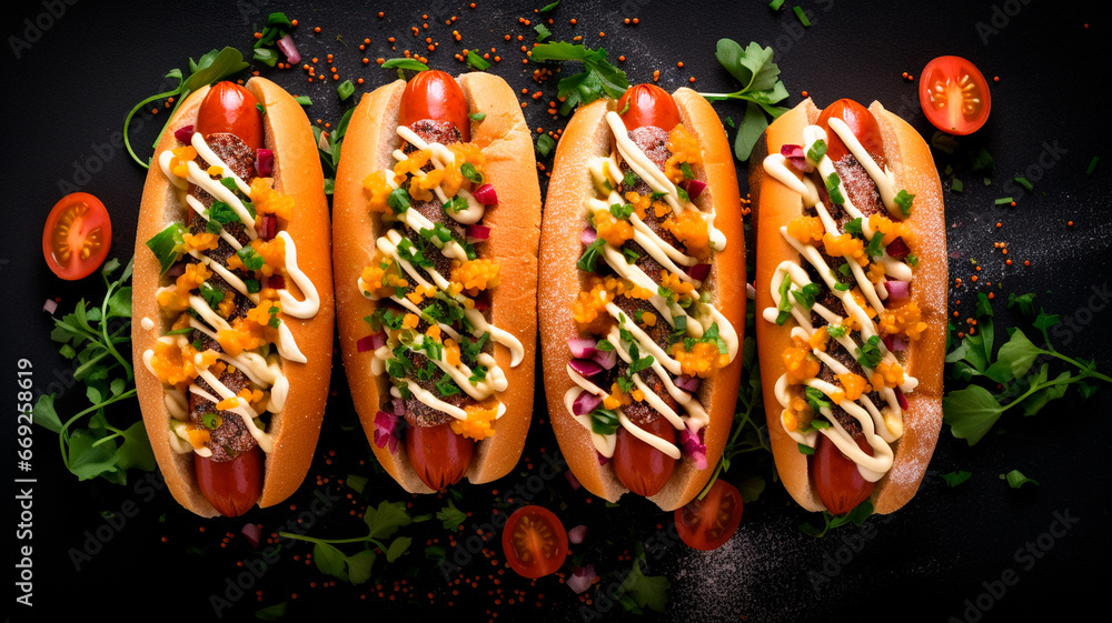 hot dog with fresh vegetables. hot dog with mustard and hot dogs. fast food hot dog with fresh vegetables. hot dog with mustard and hot dogs. fast food