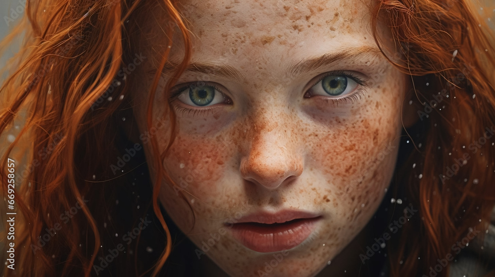 stockphoto, Youth, young girl with freckles, eyes full of fiery dreams and unbridled hope. Close up of a beautiful young girl with ginger red hair and freckles. 