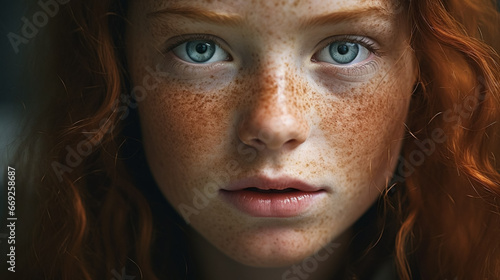 stockphoto, Youth, young girl with freckles, eyes full of fiery dreams and unbridled hope. Close up of a beautiful young girl with ginger red hair and freckles. 