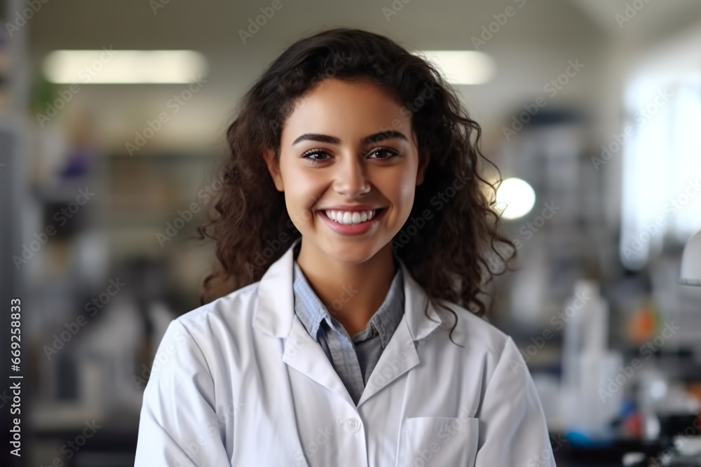Fototapeta premium Smiling chemist woman facing camera, Latin American, workplace background, professionals