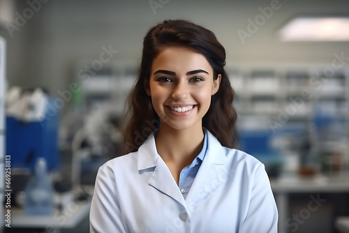 Smiling young chemist woman facing camera, Latin American, workplace background