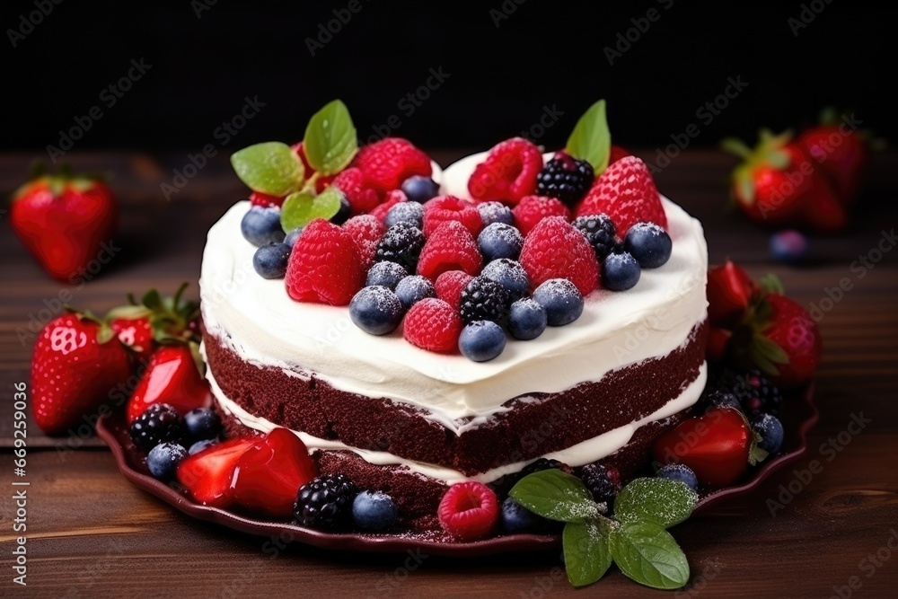Heart shaped red velvet cake for Valentine's day on dark background. AI Generated Heart shaped red velvet cake for Valentine's day on dark background. AI Generated