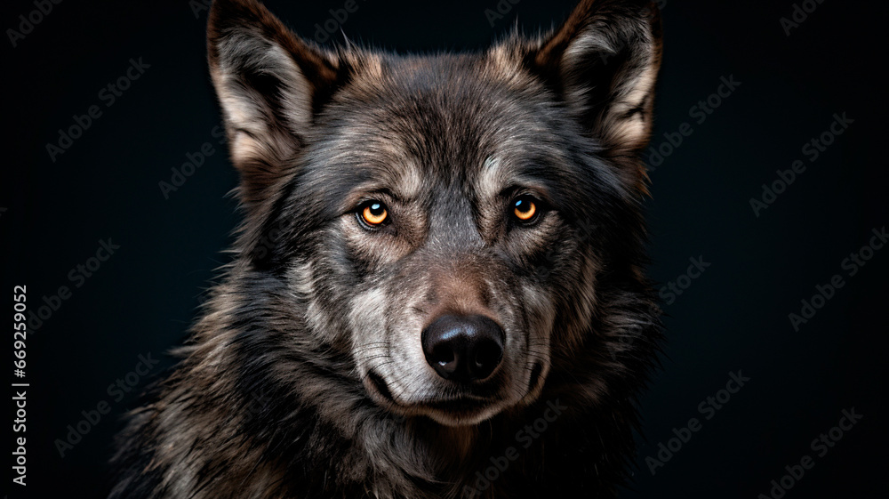 wolf face portrait on the black background.