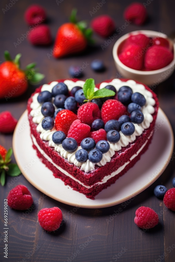 Heart shaped red velvet cake for Valentine's day on dark background. AI Generated