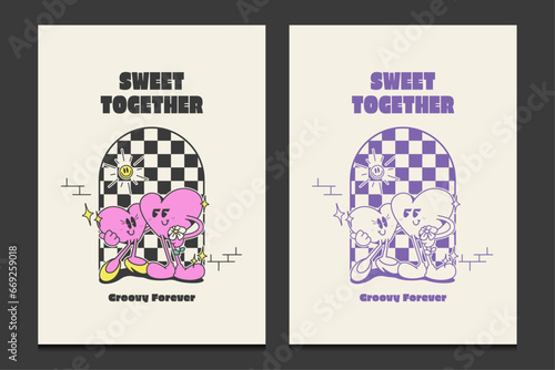 Groovy love vibes posters. Valentine's Day greeting cards, Vector illustration