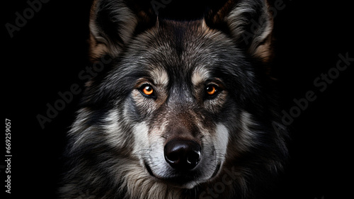 wolf face portrait on the black background.
