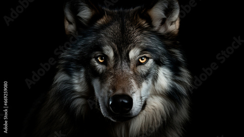 wolf face portrait on the black background.