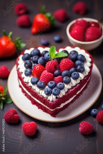 Heart shaped red velvet cake for Valentine's day on dark background. AI Generated