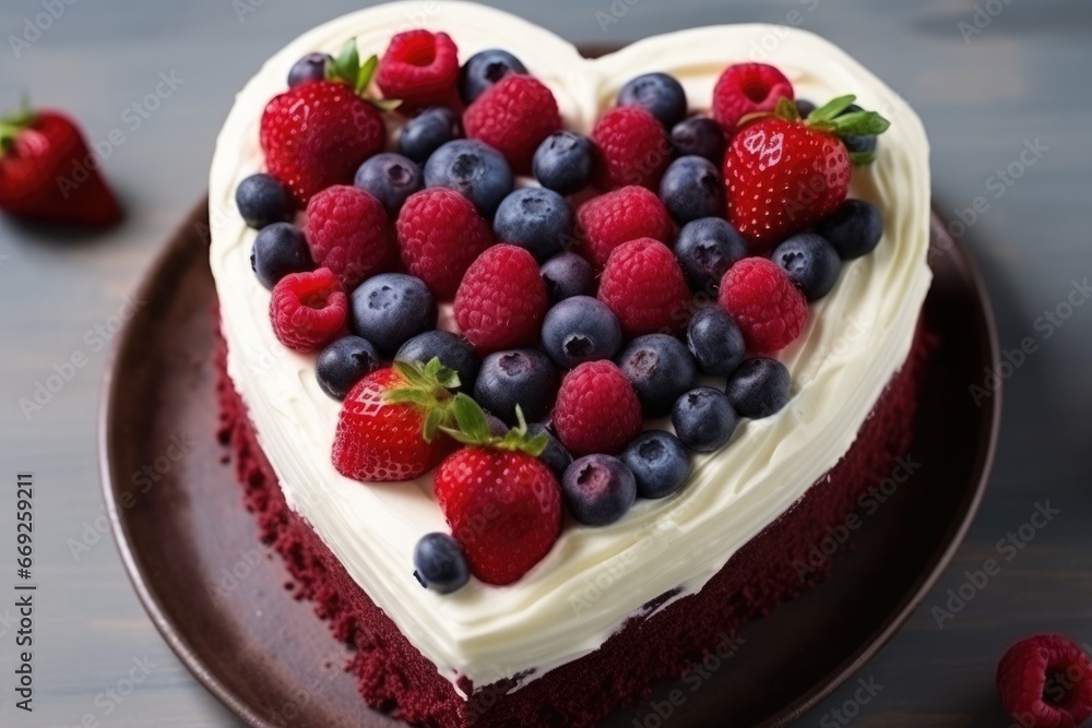 Heart shaped red velvet cake for Valentine's day on dark background. AI Generated Heart shaped red velvet cake for Valentine's day on dark background. AI Generated