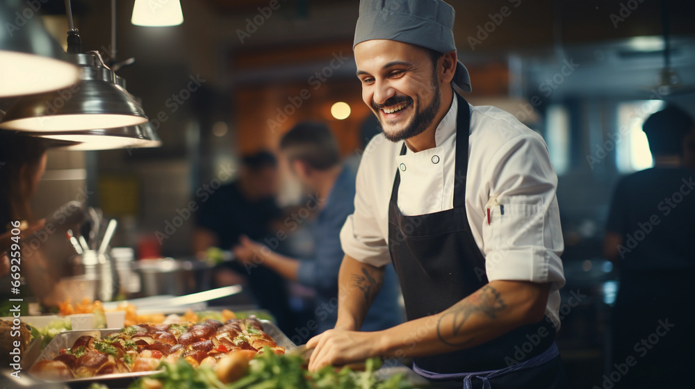 smiling chef is cooking a tasty meal in the kitchen of a restaurant