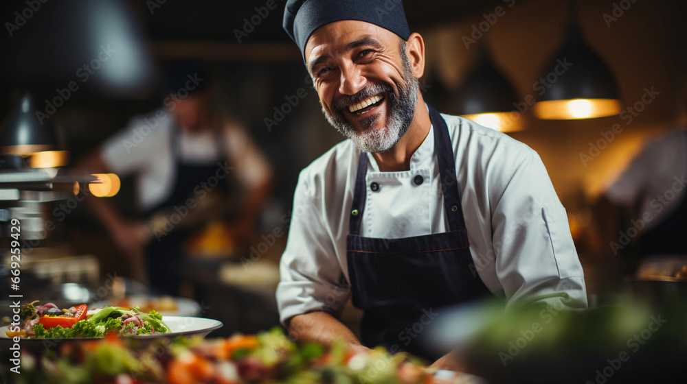 smiling chef is cooking a tasty meal in the kitchen of a restaurant smiling chef is cooking a tasty meal in the kitchen of a restaurant