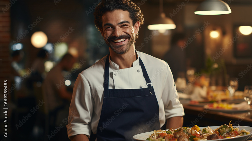 smiling chef is cooking a tasty meal in the kitchen of a restaurant