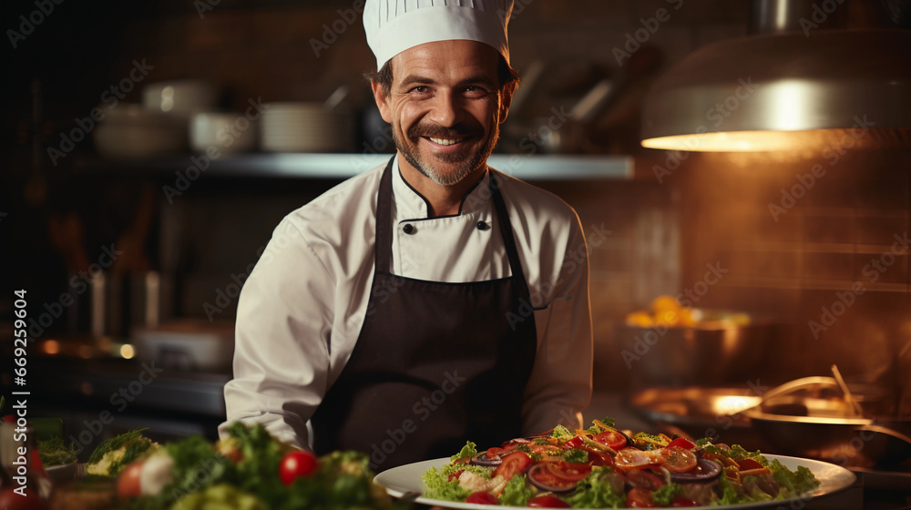 smiling chef is cooking a tasty meal in the kitchen of a restaurant smiling chef is cooking a tasty meal in the kitchen of a restaurant