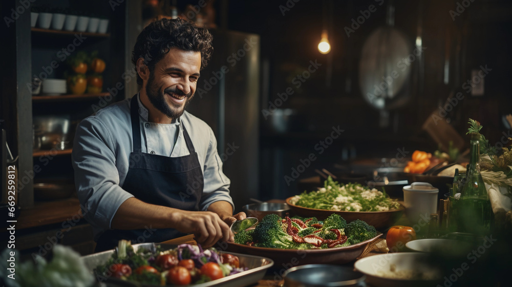 smiling chef is cooking a tasty meal in the kitchen of a restaurant smiling chef is cooking a tasty meal in the kitchen of a restaurant