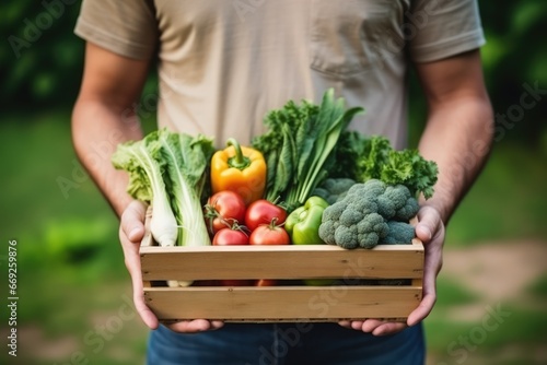 Close-up hands of an male farmer with his harvest of garden vegetables in a wooden box. Natural products as the basis of health in any age.