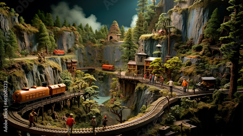 model train on rails in the mountains photo