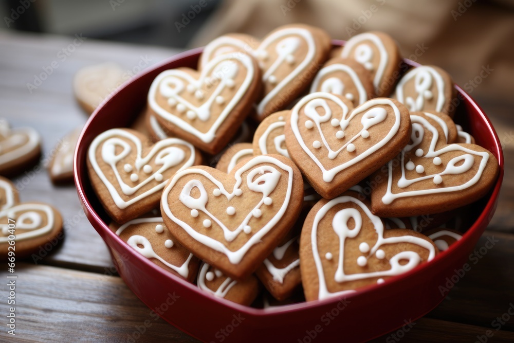 Decorated heart shaped cookie on wooden background. AI Generated Decorated heart shaped cookie on wooden background. AI Generated
