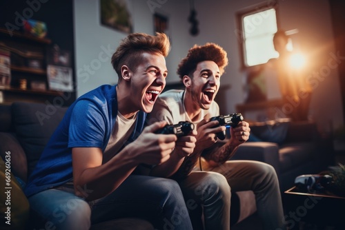 Two friends sit side by side on a couch, each with a gaming controller in hand