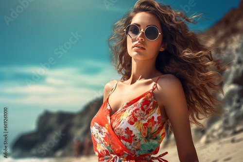 beautiful young woman posing in front of the camera on the beach