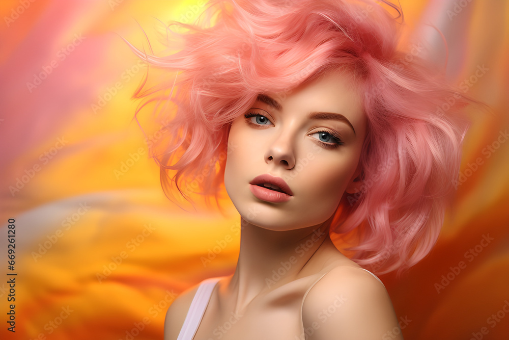 Mulher com cabelo rosa cheia de estilo em fundo moderno em tons de amarelo