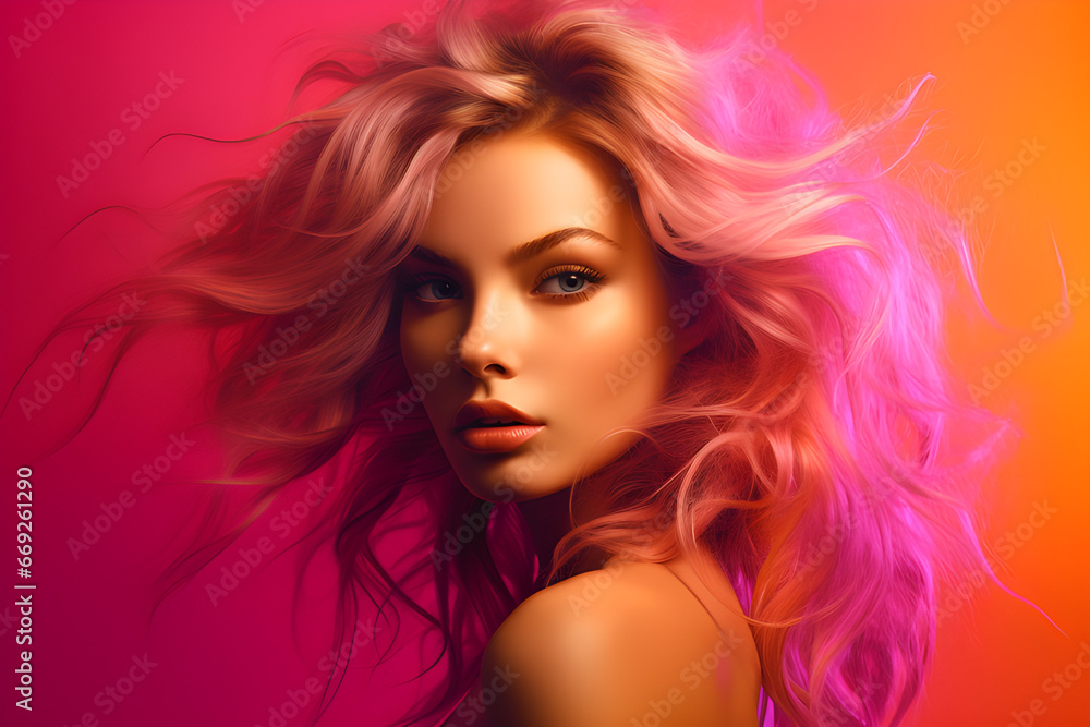 Uma linda mulher com cabelos esvoaçantes rosa e laranja em um fundo moderno com uma bela iluminação Uma linda mulher com cabelos esvoaçantes rosa e laranja em um fundo moderno com uma bela iluminação