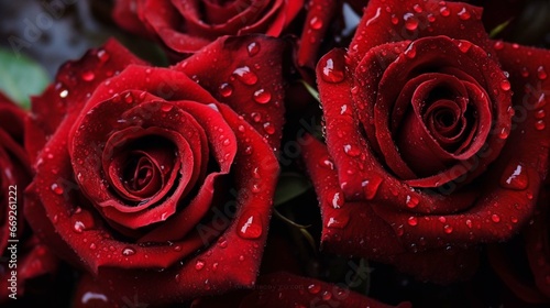 The middle of a red rose with water drops on the petals  generative ai 