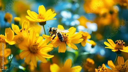 Close-up of a large striped bee collecting honey on a yellow flower on a Sunny bright day. Macro horizontal photography. Summer and spring backgrounds, generative ai