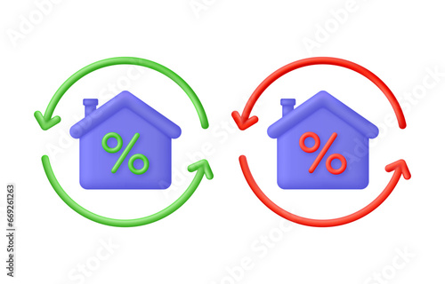 3D Mortgage refinance illustration. Home loan, mortgage, better term, debentures