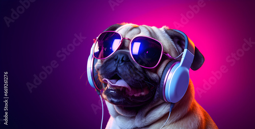 Um cachorro pug moderno de fone d ouvido e óculos escuro curtindo uma musica 