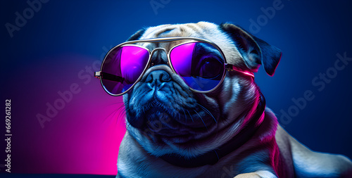 Um lindo cachorro pug com óculos escuro com fundo moderno em tons de azul e rosa