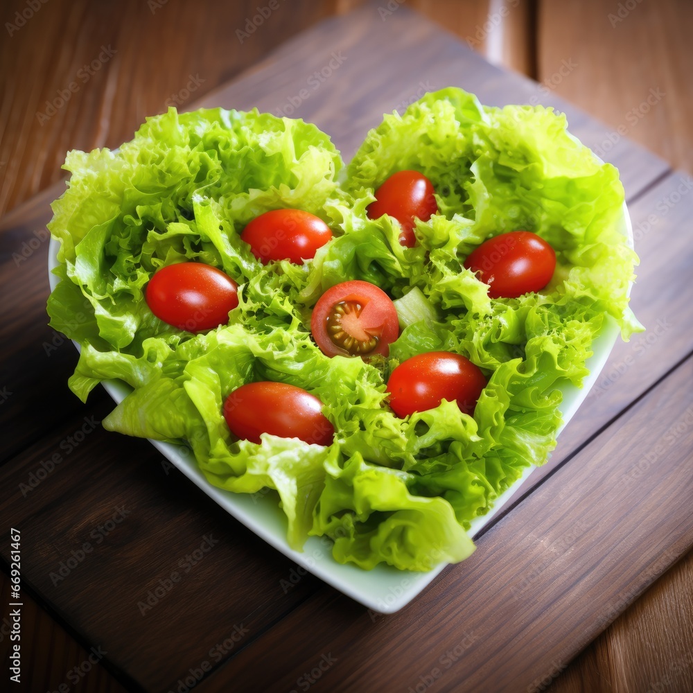Heart shaped lettuce salad on wooden background. AI Generated
