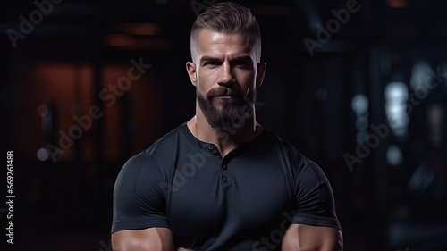 Close up view of hardworking active fitness strong bearded bodybuilder man on urban gym background while looking far away. personal trainer for sports with copy space. ai