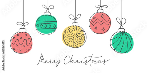 Merry Christmas greeting card with hanging balls. Hand drawn doodle black outline background. Circle green red yellow baubles