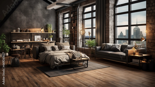 Dark colored bedroom with a lot of windows © Milan
