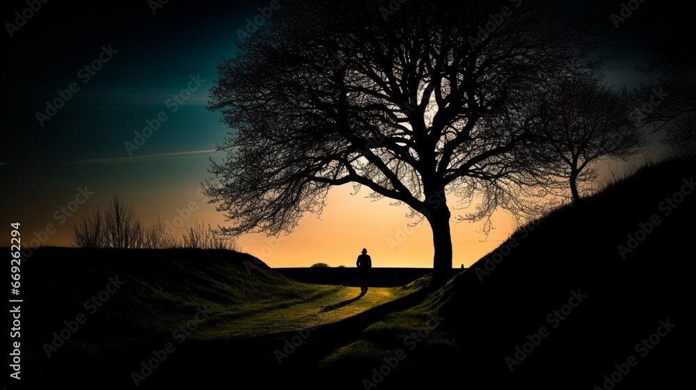 Man standing alone under night sky tree silhouette wallpaper image AI generated art