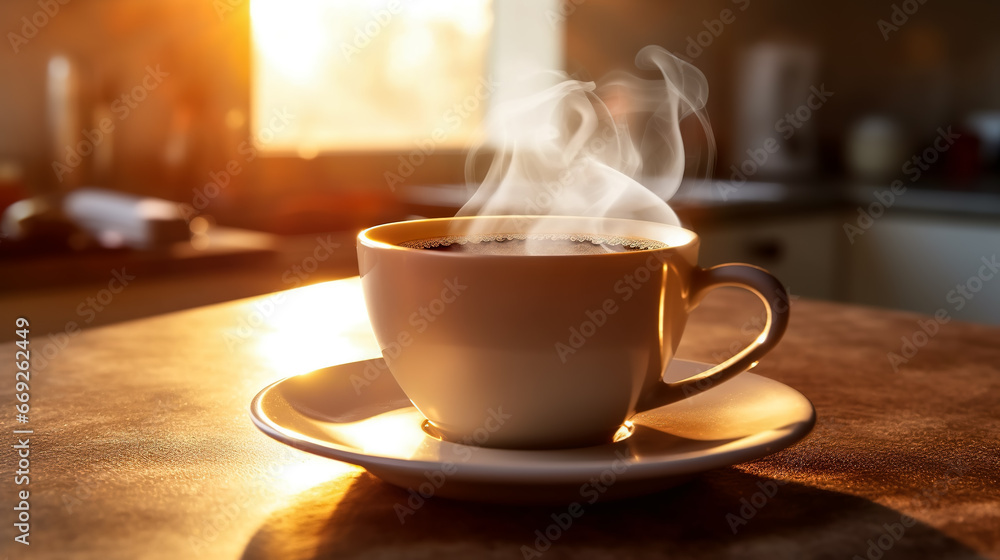 Obraz premium A cup of coffee on a table in a room against a window, illuminated by warm daylight.