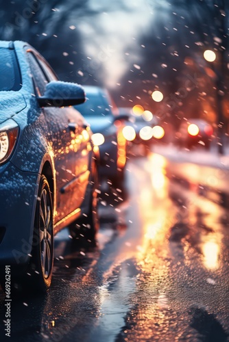 Dynamic shot of a car maneuvering in winter city traffic after rain by Generative AI