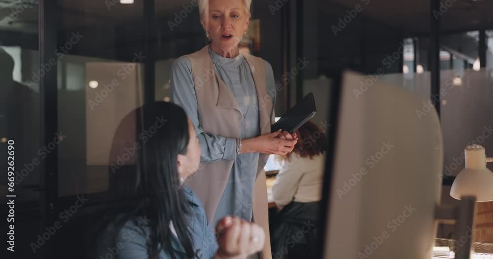 Office, overtime and woman with manager at computer, coaching for worker on online project for digital marketing company. Teamwork, advice and support from management for girl working late at night. Office, overtime and woman with manager at computer, coaching for worker on online project for digital marketing company. Teamwork, advice and support from management for girl working late at night.