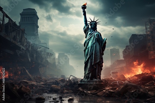 The Statue of Liberty against the backdrop of the ruined city.