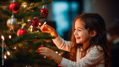 cute happy little girl decorating xmas tree with red christmas lights © Aram