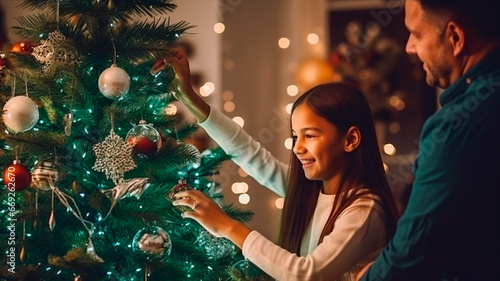 cute happy little girl decorating xmas tree with red christmas lights photo