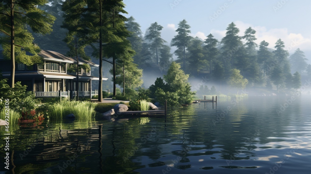 Lakeside Cabin Retreat in Misty Forest Lakeside Cabin Retreat in Misty Forest