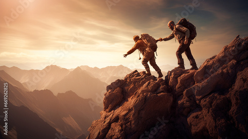young man and woman with hands on top of the mountain in sunset